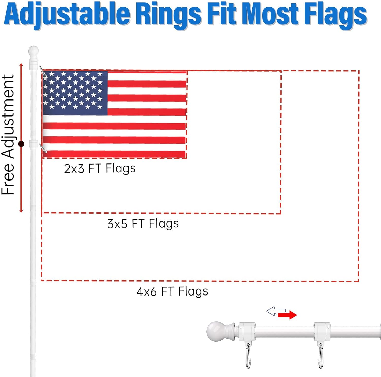 ZMTECH 6FT American Flag Pole with Solar Light | Tangle Free Stainless Steel USA Flag Pole Kit, 180° Adjustable Holder for Outside House Yard, White (No Flag Included)