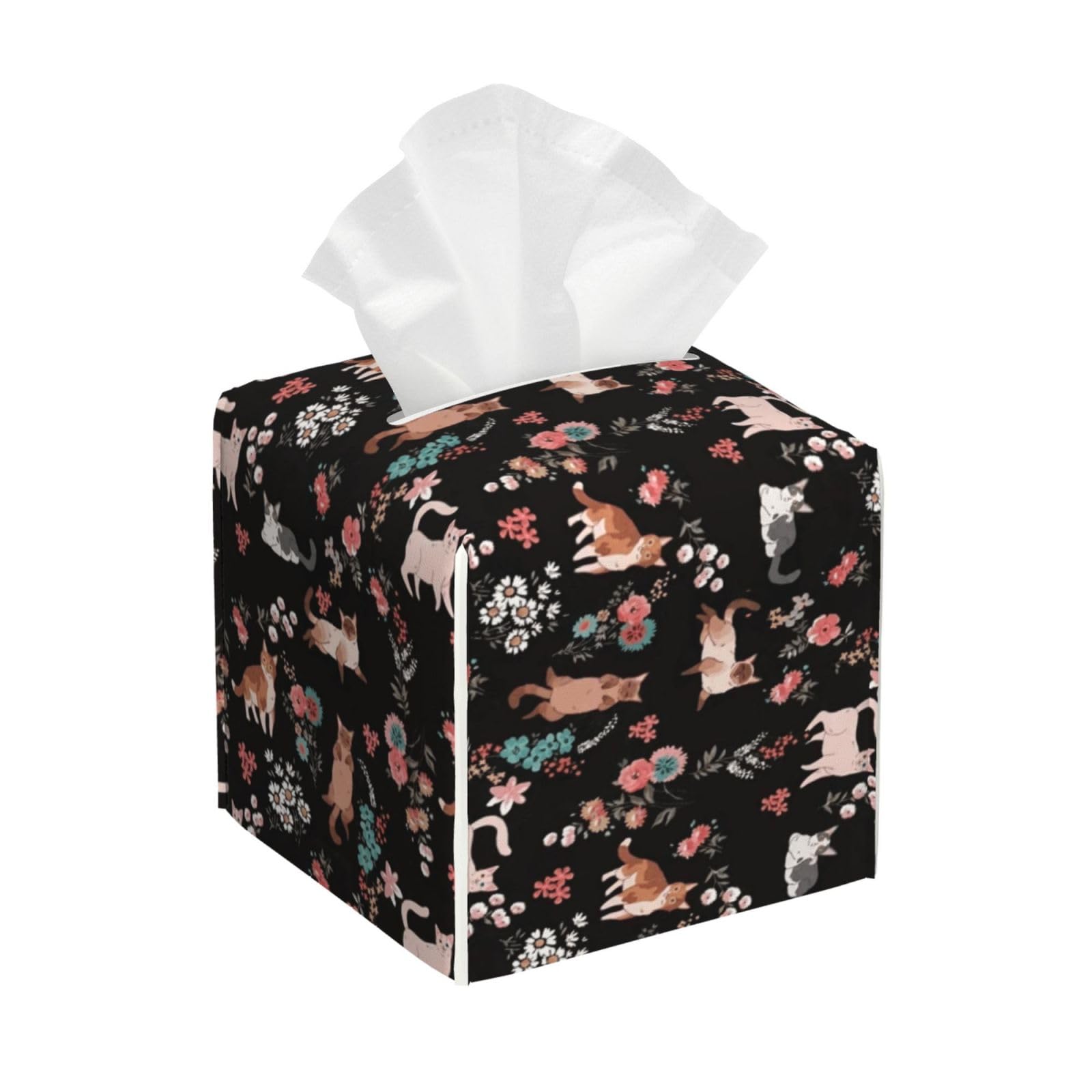 Cat and Floral Tissue Box Cover Holder Square with Bottom Belt PU Leather Decorative Organizer for Tabletop Bathroom Car Office