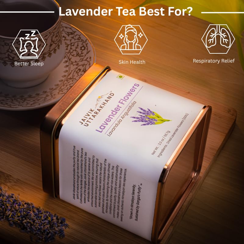 Image of Jaivik Uttarakhand - Lavender Flowers Buds Tea (56.7 g), Sun Dried Lavandula Angustifolia, Pack of 1 Tin Can