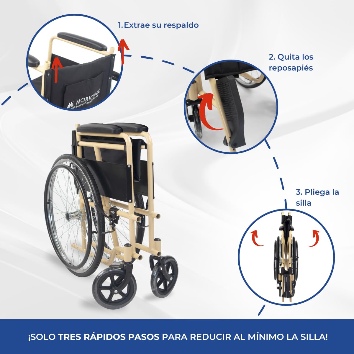 Mobiclinic®, Wózek inwalidzki składany, Denver, Siedzisko 46 cm, Hamulec ręczny, Zdejmowane oparcie, Składany podnóżek, Odporny, Dla niepełnosprawnych, Kremowo-czarny