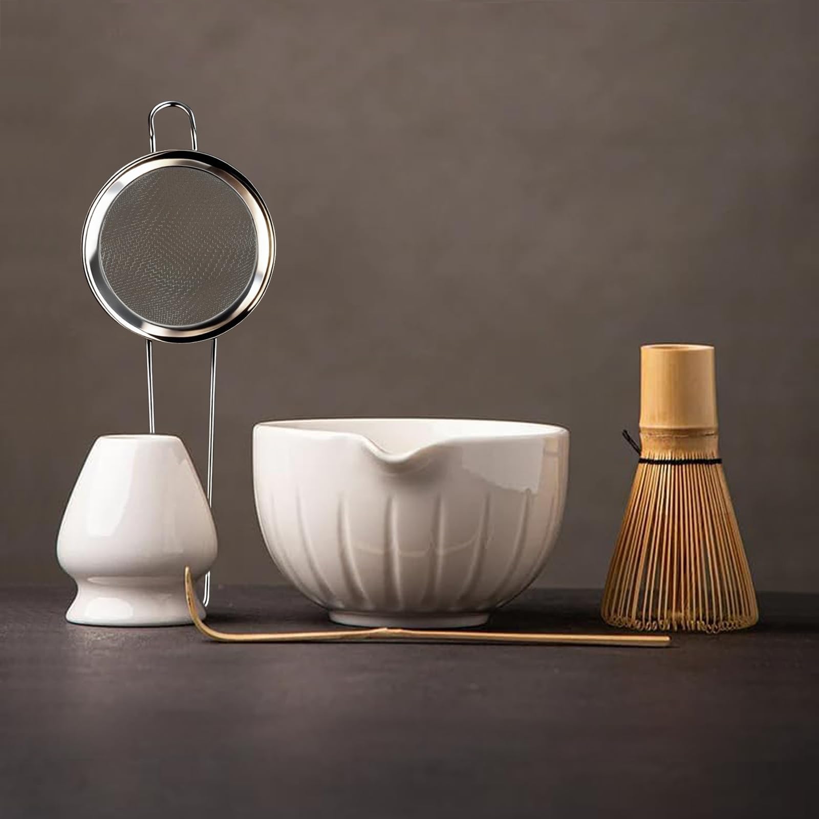 TANG PIN Matcha Set - Match Bowl and Whisk,15 OZ, Matcha Scoop | Matcha Whisk Stand (Chasen Holder) - 4pc Perfect Matcha Kit for Matcha Tea Ceremony (White)