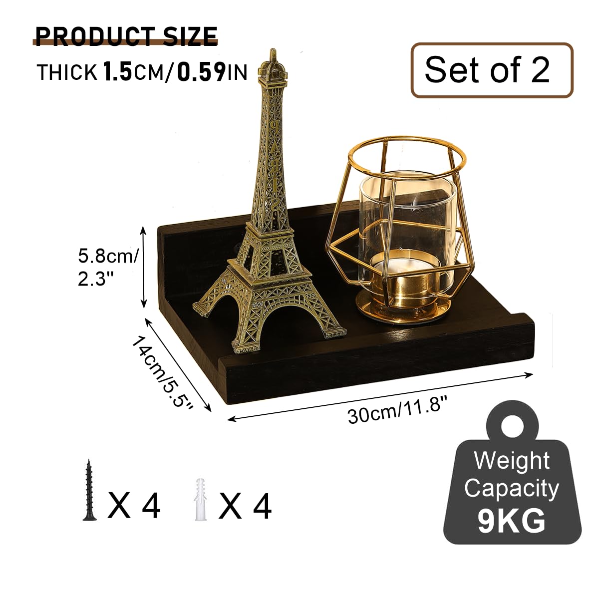 Z metnal Small Floating Shelves, Mini Natural Wooden Display Wall Shelf for Picture Ledge Black, Wall Mounted, 20 x 14cm, 2 Pcs - Image 2
