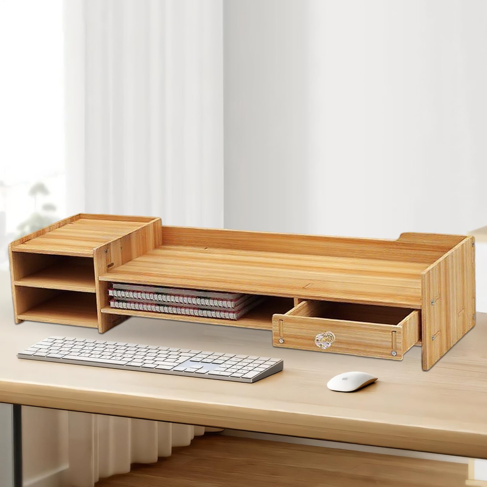 Supporto per monitor - Mensola da scrivania in legno per laptop, PC, stampante, per un comfort ergonomico, organizzato e spazioso con contenitore, organizer da scrivania, 63,5 x 20 x