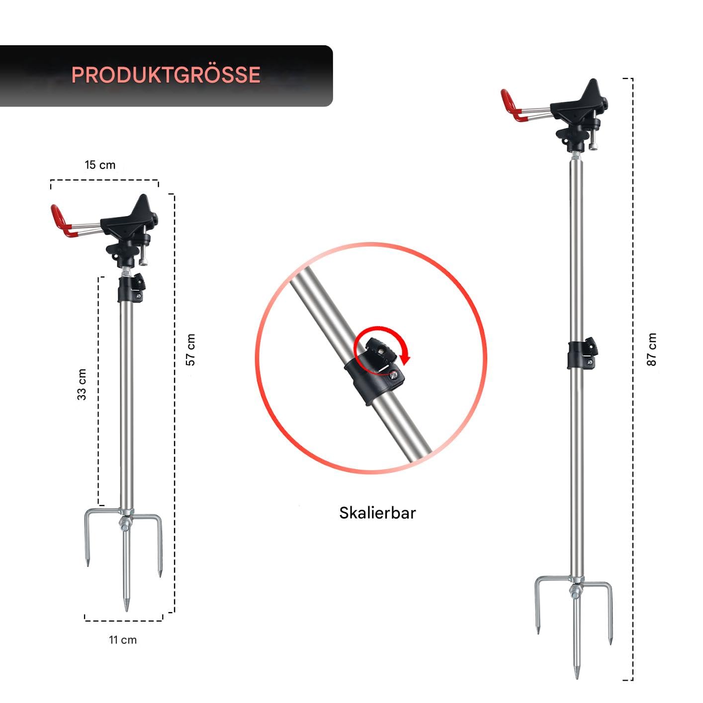 Leeko Supporto per canna da pesca, 2 pezzi, regolabile in altezza 57 – 87 cm, in acciaio inox, universale, regolabile a 360°, accessorio per la pesca a terra, portatile e rimovibile (aggiornamento a 3