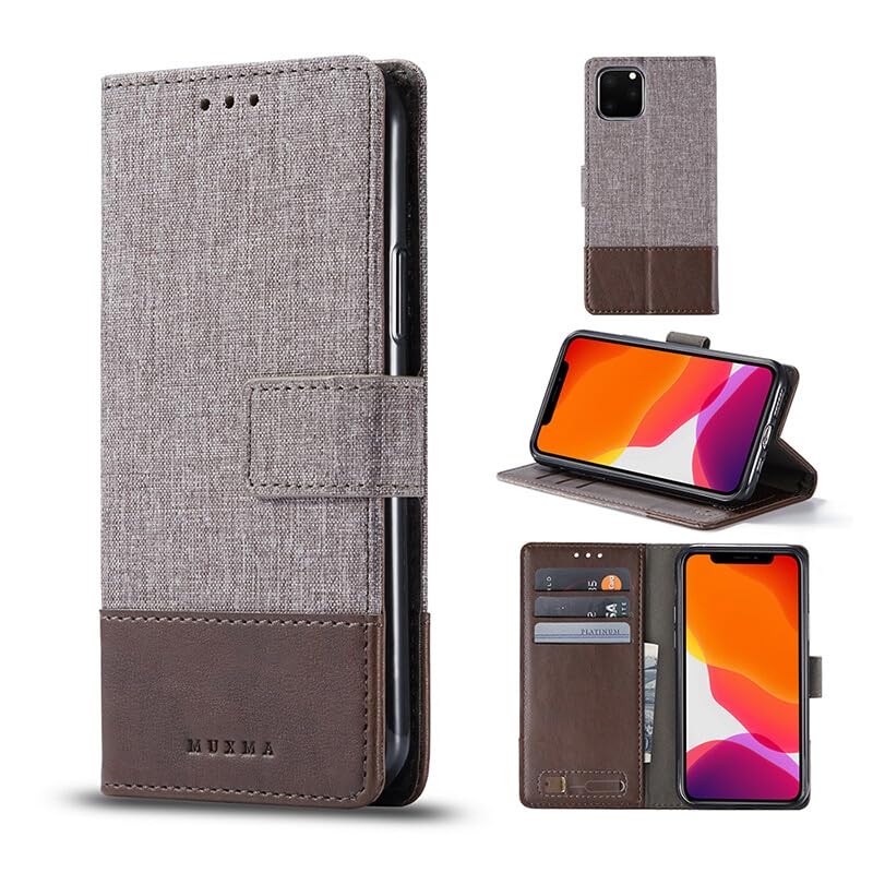 Étui portefeuille iPhone 11 Pro marron clapet magnétique en toile et cuir