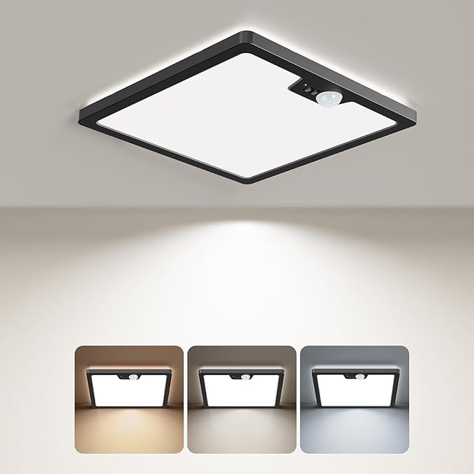 Annaror Motion Sensor LED Ceiling Light Wired, 18W 1800LM Flush Mount Light Fixture with 3 Timer, 3000K 4000K 5000K Selectable, Square Motion Ceiling Light for Closet Porch Stairs Hallway, Black