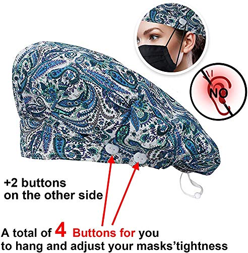 Image of Bouffant Caps with Button and Sweatband, Adjustable Scrub Caps for Women Men, One Size Multi Color