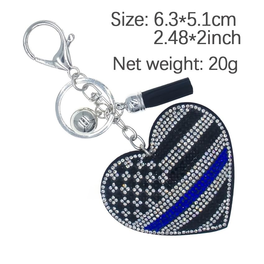 2-Pack Thin Blue Line Heart Keychain - Rhinestone Embellished Accessory for Law Enforcement - Perfect for Keys, Bags, or Backpacks - 2.48 x 2 Inches