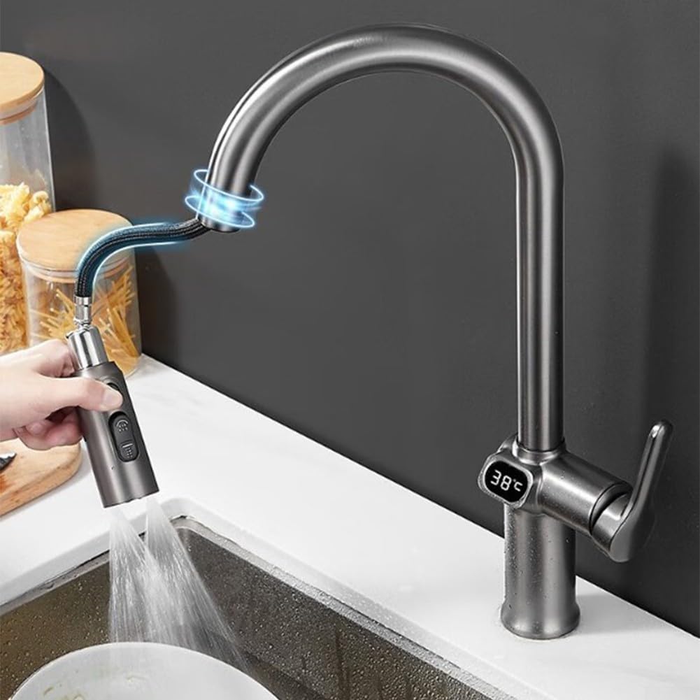Grifo de cocina con pantalla LED digital de temperatura, pulverizador extraíble giratorio de 360 grados, modos de pulverización triple, control dual de calor y frío, material de cobre, 41 cm para