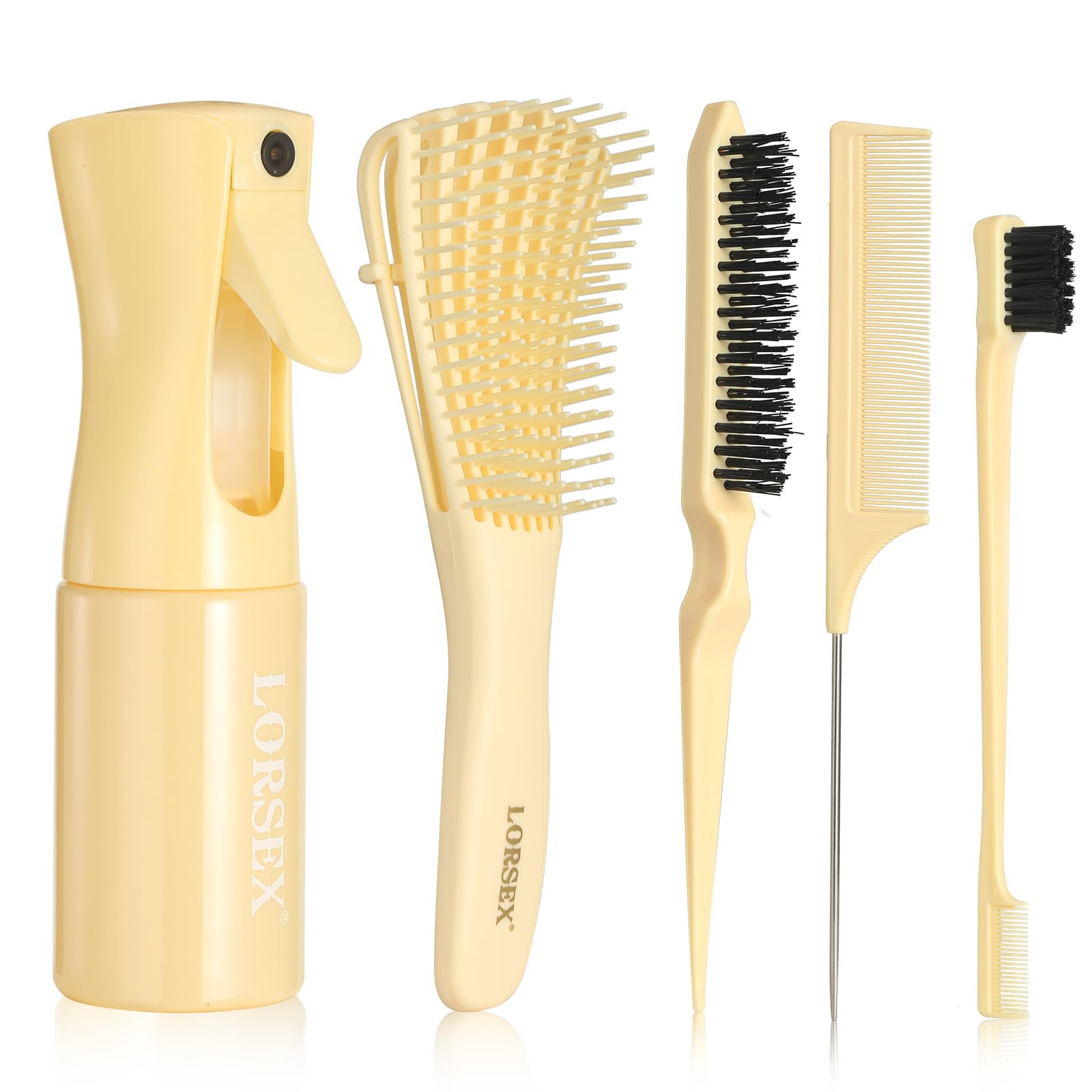 LORSEX Haarbürste mit 200ml Haar Sprühflasche, Entwirrbürste für Naturhaar für Afro Haare 3a bis 4c Verworrenes, Welliges, Lockiges Haar, mit 3 Stück Toupier Bürste Set Doppelkanten Bürste
