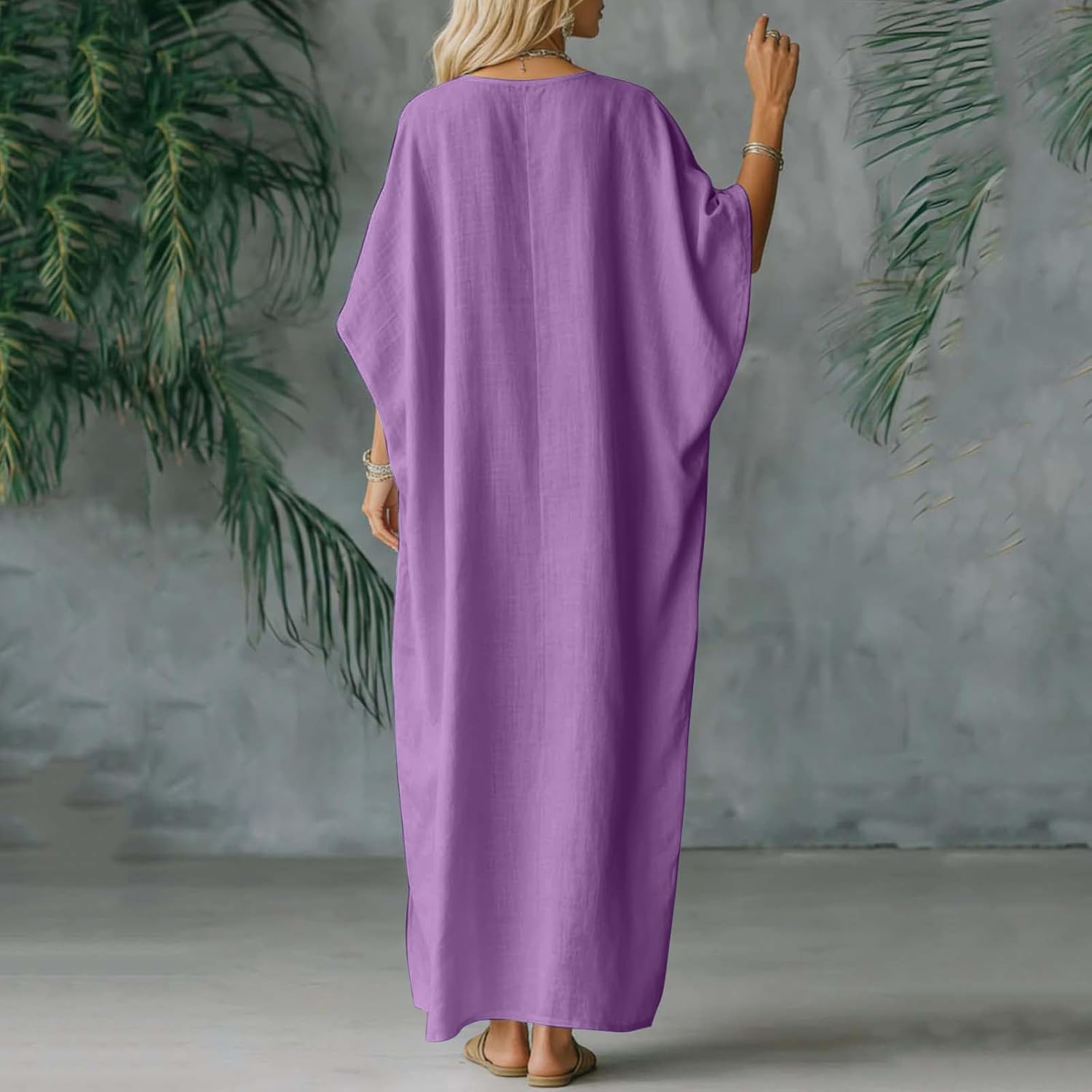 Batwing Sleeve Maxi Dress for Womens V Neck Loose Fit Side Split Flowy Dress Boho Summer Vacation Beach Sundresses
