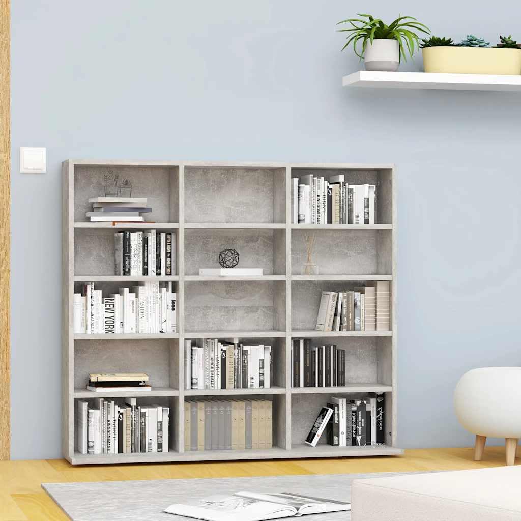 Scaffale per CD, grigio cemento, 100 x 23 x 89,5 cm, in legno con 15 scomparti aperti, per musica, media, TV, soggiorno, vano portaoggetti, gestione dei cavi, durevole, facile da montare