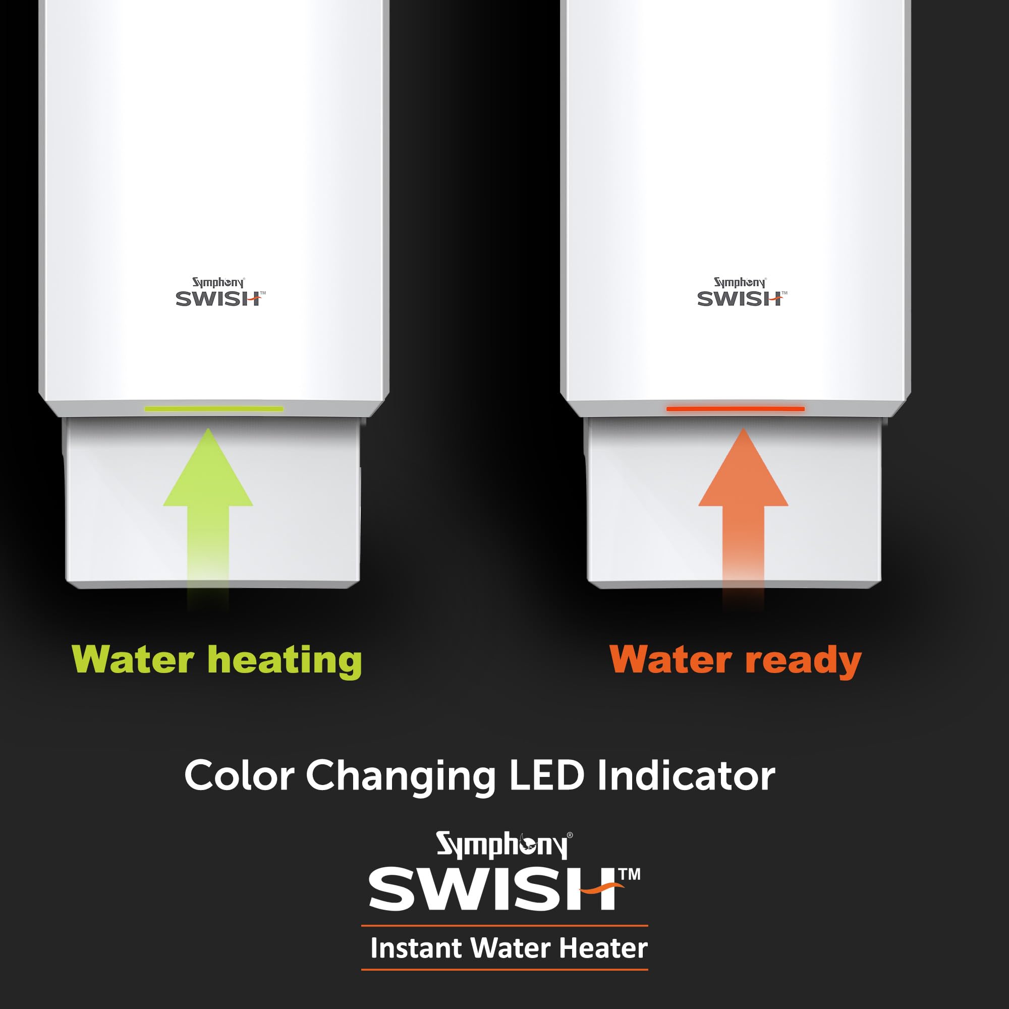Symphony Swish 3L Instant Water Heater | 3KW Heating | Fast Heating for Kitchen & Bathroom Application | High Rise Compatible| Copper Heating Element| Color Changing LED Color | Free Installation 3