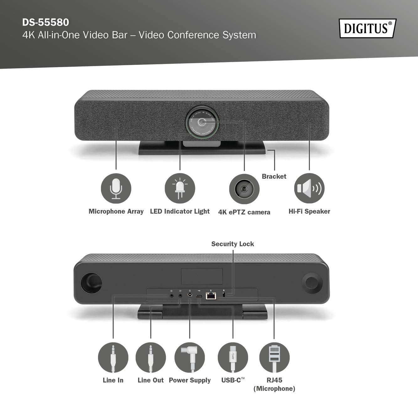 DIGITUS DS-55580 Video Bar Pro, system wideokonferencyjny - kamera internetowa 4K UHD 30 Hz ePTZ - 1 mikrofon biurkowy i 4 mikrofony wewnętrzne - głośniki - automatyczna regulacja ostrości i zoomu