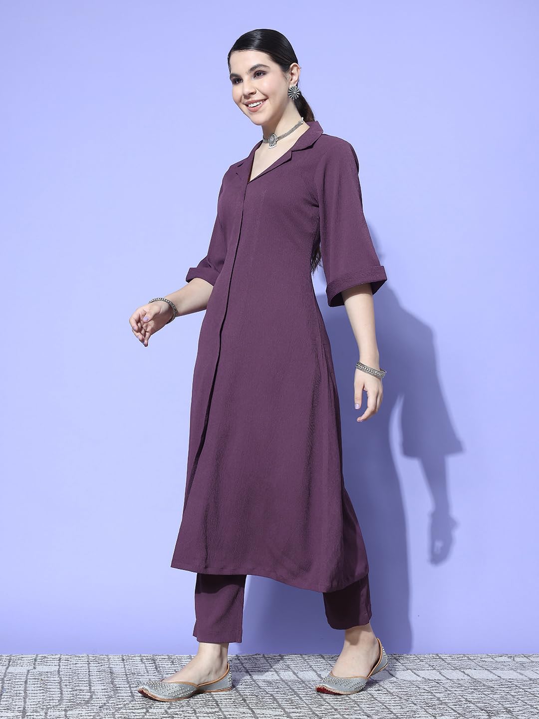 Varanga Women Mauve Shirt Collar Neck A-Line Kurta With Three-Quarter Roll-Up Sleeves, Front Slit, Paired With Tonal Bottom