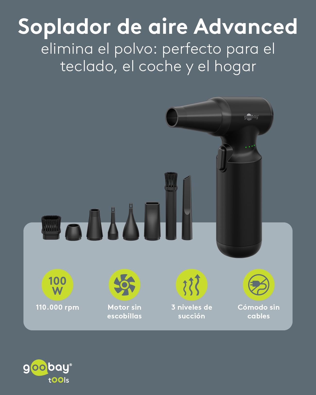 goobay Soplador de aire eléctrico, negro, inalámbrico, 100 W, 110.000 rpm, 3 niveles de potencia, con 8 boquillas, 3 cepillos y batería recargable USB-C, 77830