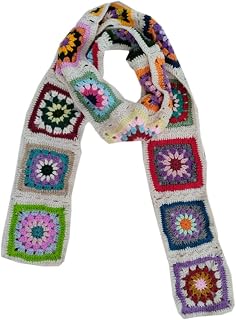 ALLHANDMADE Women's 100% Handmade Granny Square Cable Knit Scarf - Mixed Color Milk Cotton Long Wrap for Fall Winter