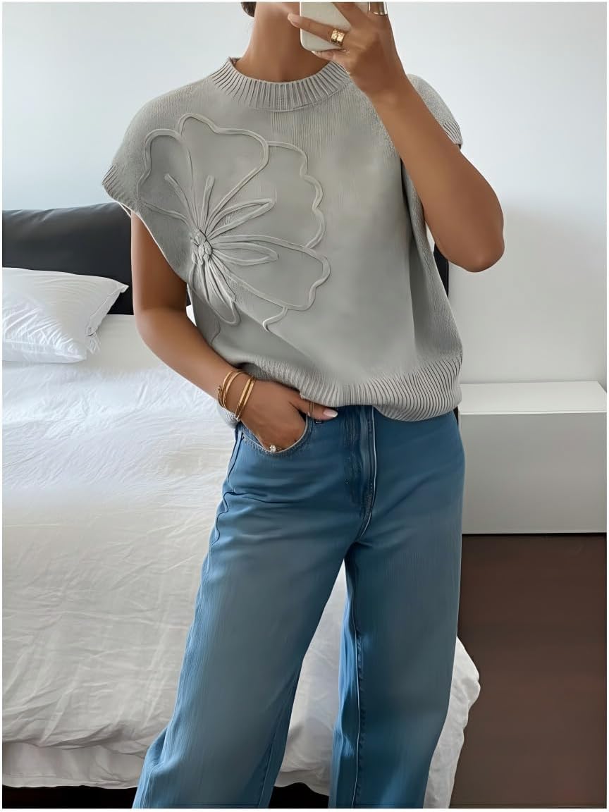 QJQ Women's Short Sleeve Sweater Vest 3D Flower Floral Decor Knit Crewnek Anthropologie Clothes Trendy Casual Cute Tops 2026 - Image 2