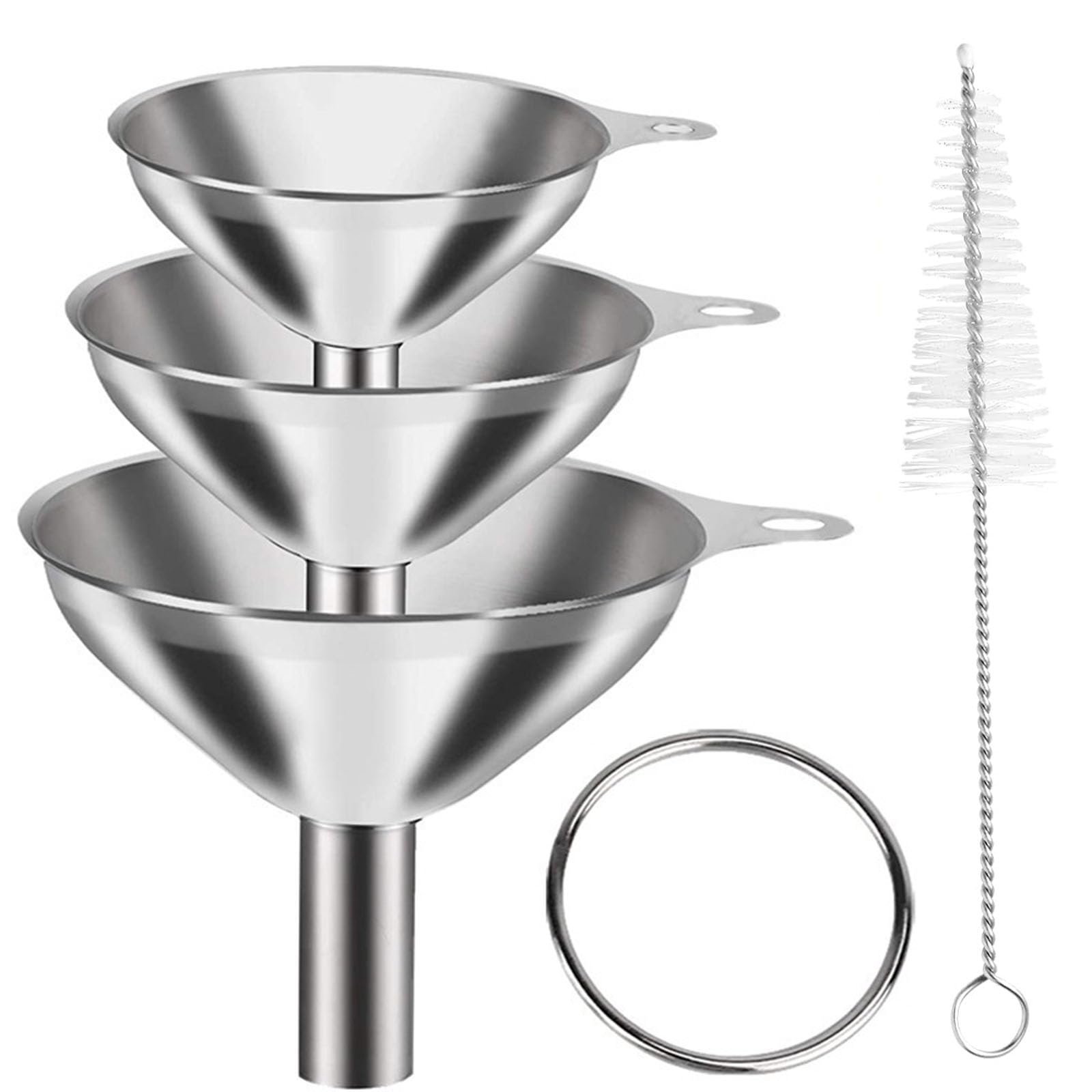 Edelstahl-Trichter, 3 Stück kleine Metalltrichter (7,5 cm + 5,5 cm + 4,5 cm) mit 1 Reinigungsbürsten-Set, Küchentrichter in Lebensmittelqualität zum Umfüllen von Flüssigkeiten, kleine Flaschen Küche, Haushalt & Wohnen
