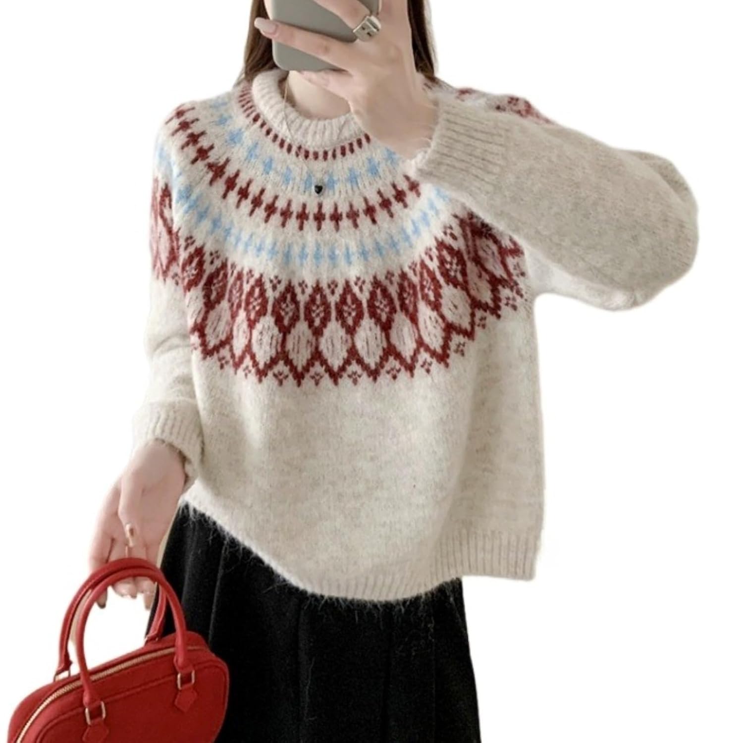 Womens Fair Isle Sweater Christmas Vintage Chunky Knit Crewneck Pullover Winter Warm Cozy Cute Graphic Trendy Top