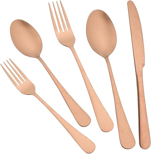 JASHII Juego de cubiertos de acabado satinado, 20 piezas, servicio para 4, juego de cubiertos de titanio, juego de utensilios de cobre mate, incluye