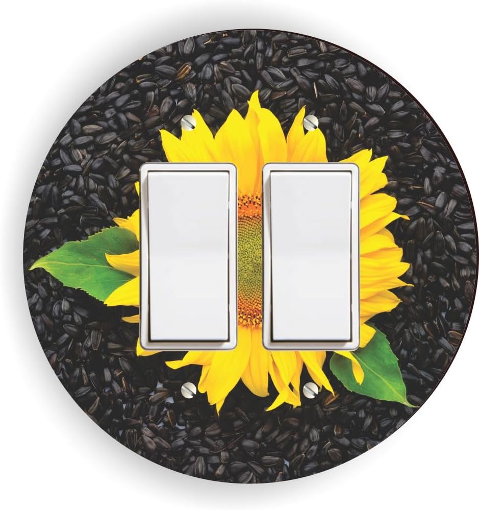 Island Gifting - Bright Yellow Sunflower Design - Round double rocker switch plate cover, fits two standard rocker or GFCI outlets, modern design.