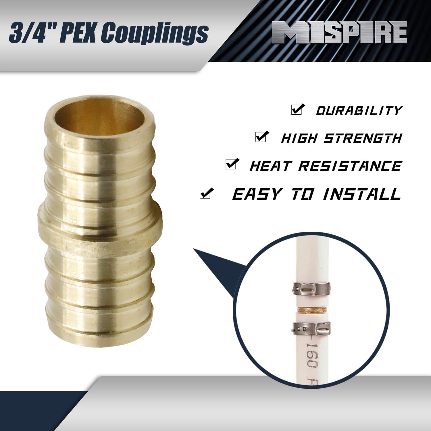 3/4 Inch PEX Fittings, 20-Pack 3/4 Inch Pipe Coupling Fittings MISPIRE - Lead-Free Brass Coupler Fittings for PEX Pipe Plumbing Connector, No Lead Brass C46500, ASTM F1807