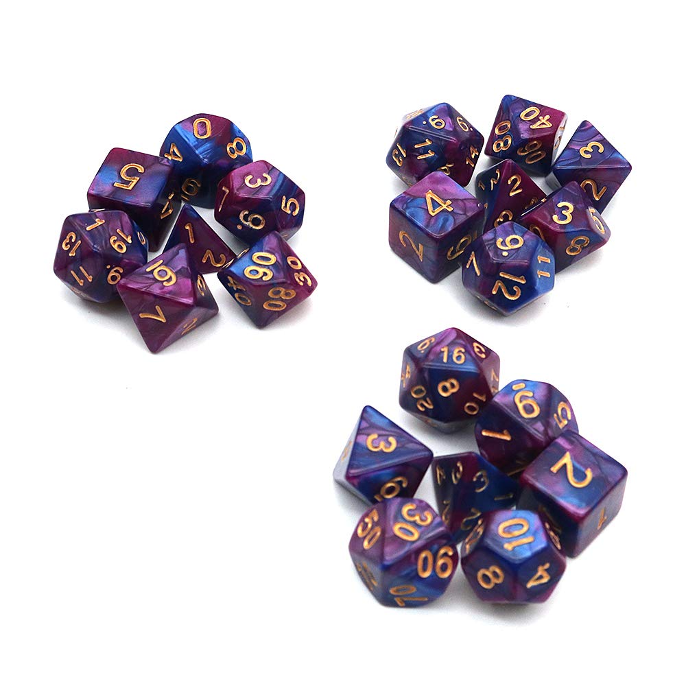 DollaTek Zestaw ko?ci wielo?ciennych, gry sto?owe, 3 zestawy ko?ci 3 x 7 (21 sztuk), seria matryc, D20, D12, D10, D8, D6, D4, DND, DND, RPG, MTG, podwójne kolory, jedna sztuka (fioletowy i niebieski)
