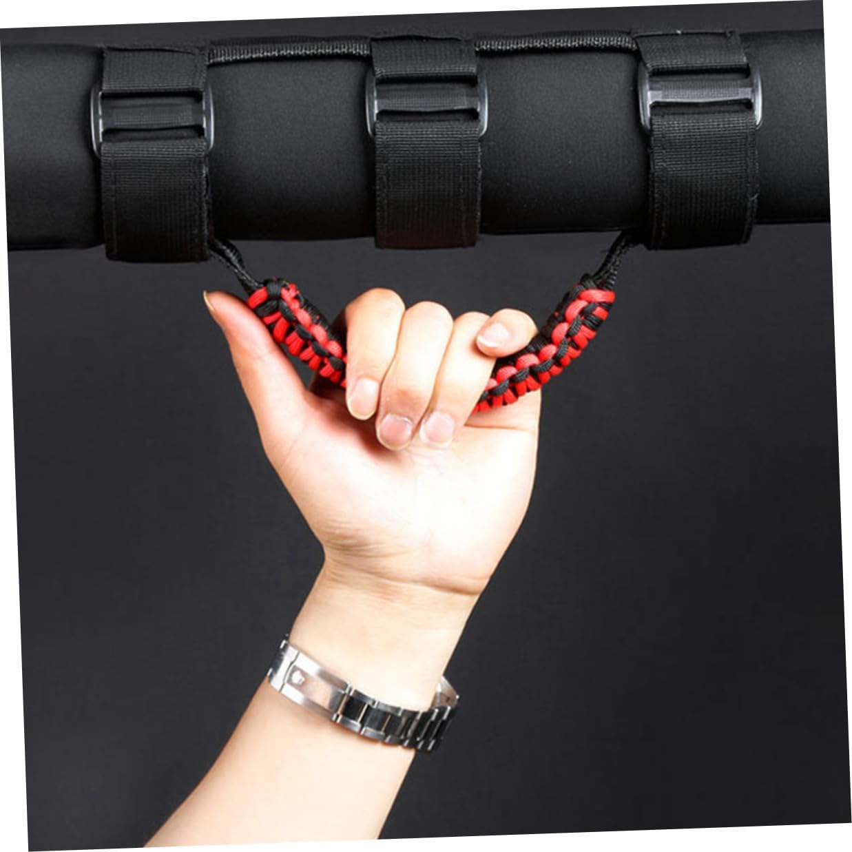 4pcs Black and Red Paracord Grab Handles for Vehicle Roll Bar, Automotive Car Roof Hand Straps Compatible with Off-Road SUV, Universal Car Handle Assist for Passenger Safety