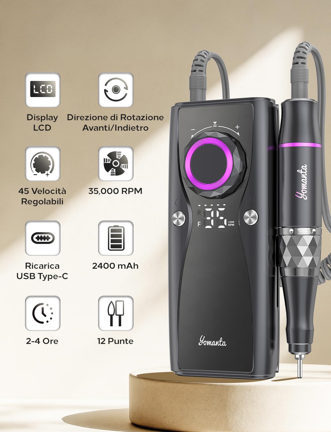 Fresa per Unghie Professionale Ricaricabile Portatile 35000 RPM Schermo LCD lima elettrica per unghie con 12 Testine Iucidanti Velocità Regolabile Manicure Setper Casa e Salone