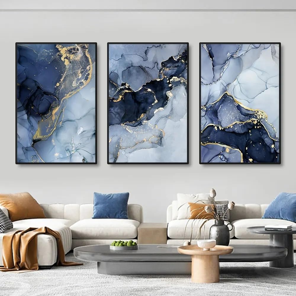 HURCP Set Of 3 Canvas Poster Modern Abstract Gray Gold Blue Marble Wall Art Painting Gift Bedroom Living Room Dorm Gallery Corridor Decor Picture Prints,50x70 CM (19.7x27.6 In)