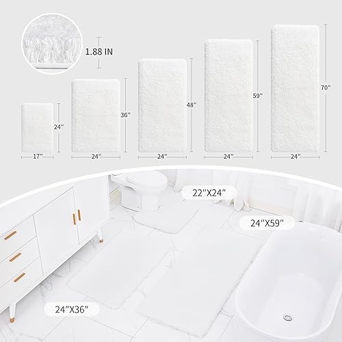 Miniatura 2 de Alfombra larga para piso de baño de 24 x 59 pulgadas, color blanco, antideslizante, esponjosa, lavable, absorbente, para ducha y lavabo