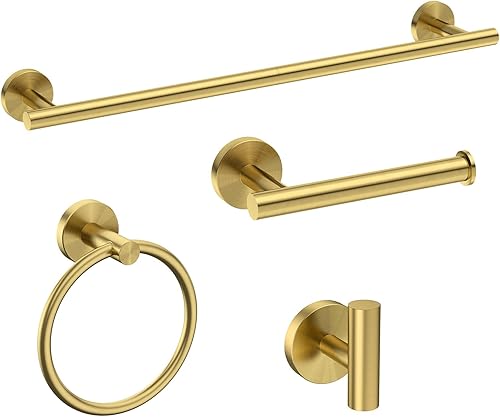 USHOWER Juego de accesorios de baño de oro cepillado, juego de toallero de 24 pulgadas montado en la pared, juego de accesorios de baño de acero