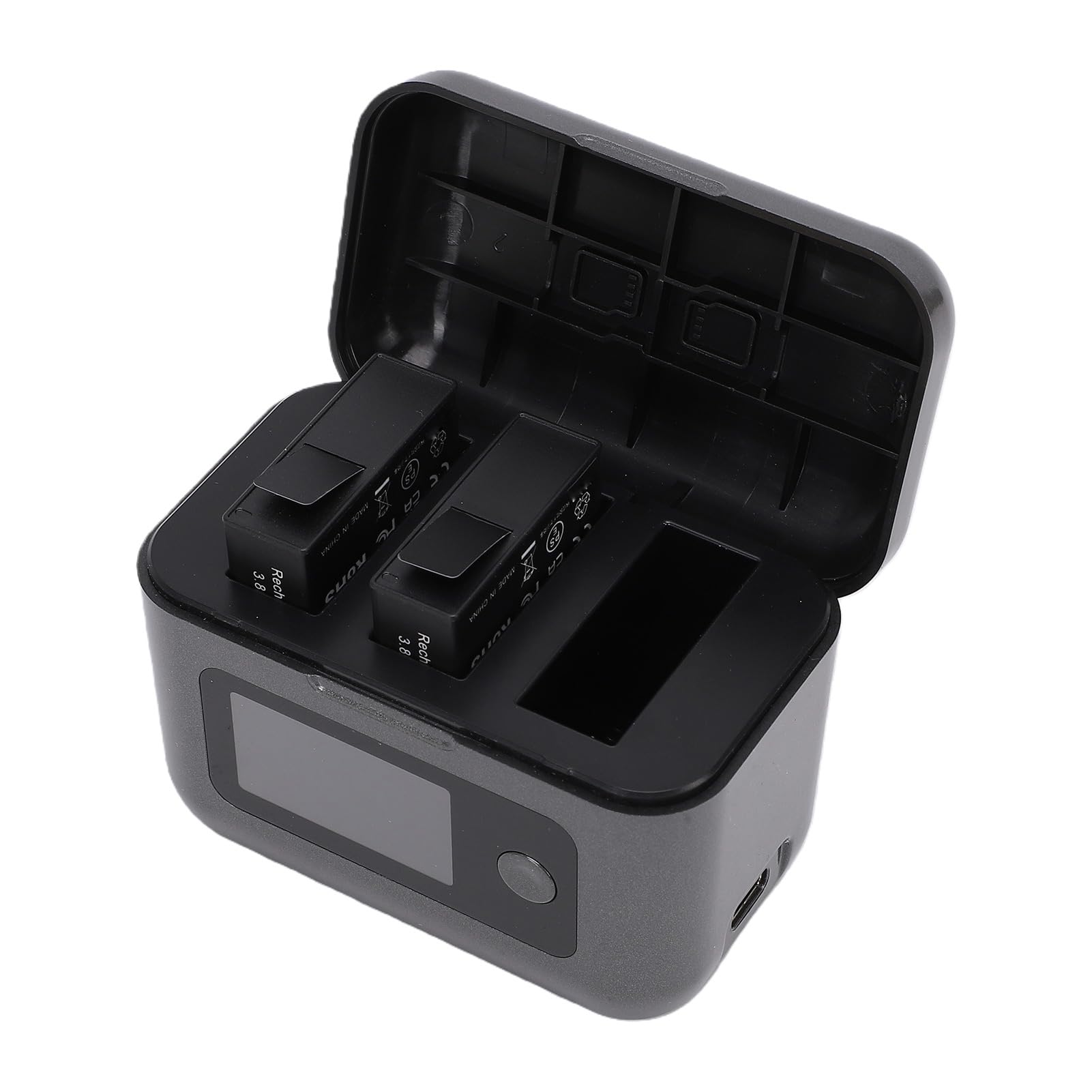 Caricabatterie rapido per action camera 6, 5, Pro, 4, 3 e 360 | Stazione di ricarica e accumulo a 2 canali, con 2 batterie da 2100 mAh, display LCD che mostra il livello della batteria.