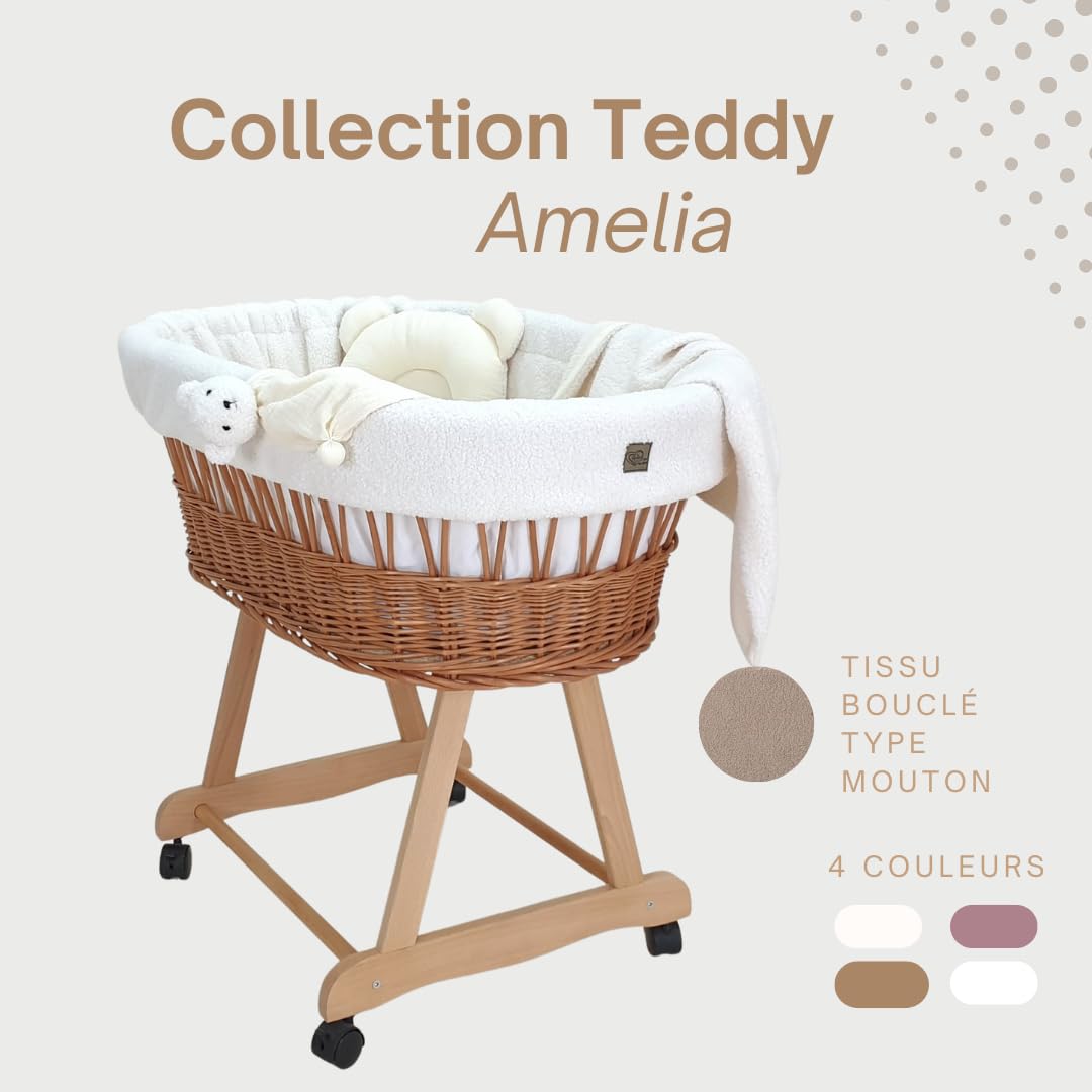 WIKLINOPOL Berceau – Couffin tressé à la Main Naturel avec châssis et Matelas – Ensemble de literie Teddy 5 pièces écru – Couffin bébé Portable à roulettes – Idéal pour Nouveau-né
