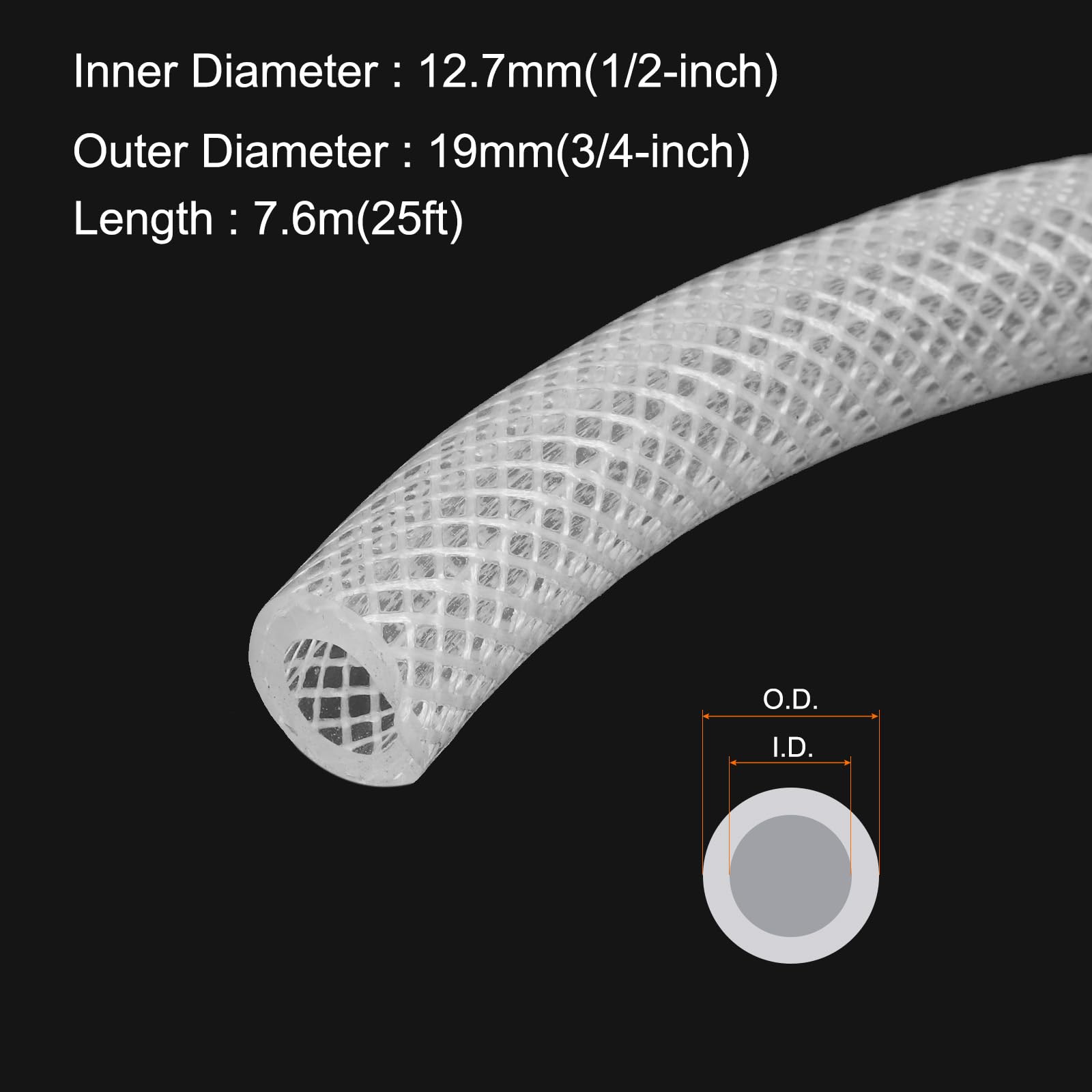 Rebower 7.6m/25ft 12.7x19mm Braided Clear Plastic PVC Tubing High Pressure Flexible Reinforced Vinyl Tube - Image 2
