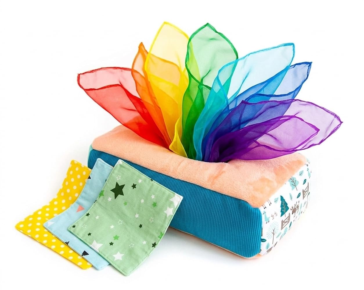 Baby Tissue Box Toy - Montessori Play for Infants and Toddlers - Sensory Textured Box with 12pcs Matching Colorful Scarves and 3pcs Crinkle Paper