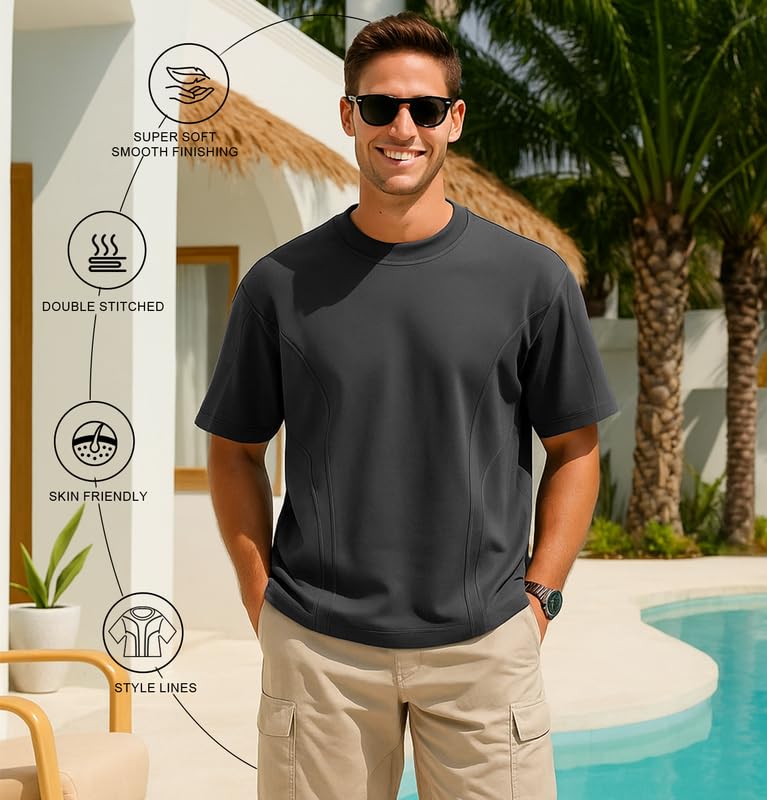 Image of Sleepynuts Men 220 GSM 100% Pure Cotton Oversized Baggy Fit Drop Shoulder Round Neck T-Shirt Pack of 2 (Toffee Brown, Smoky Grey-L)