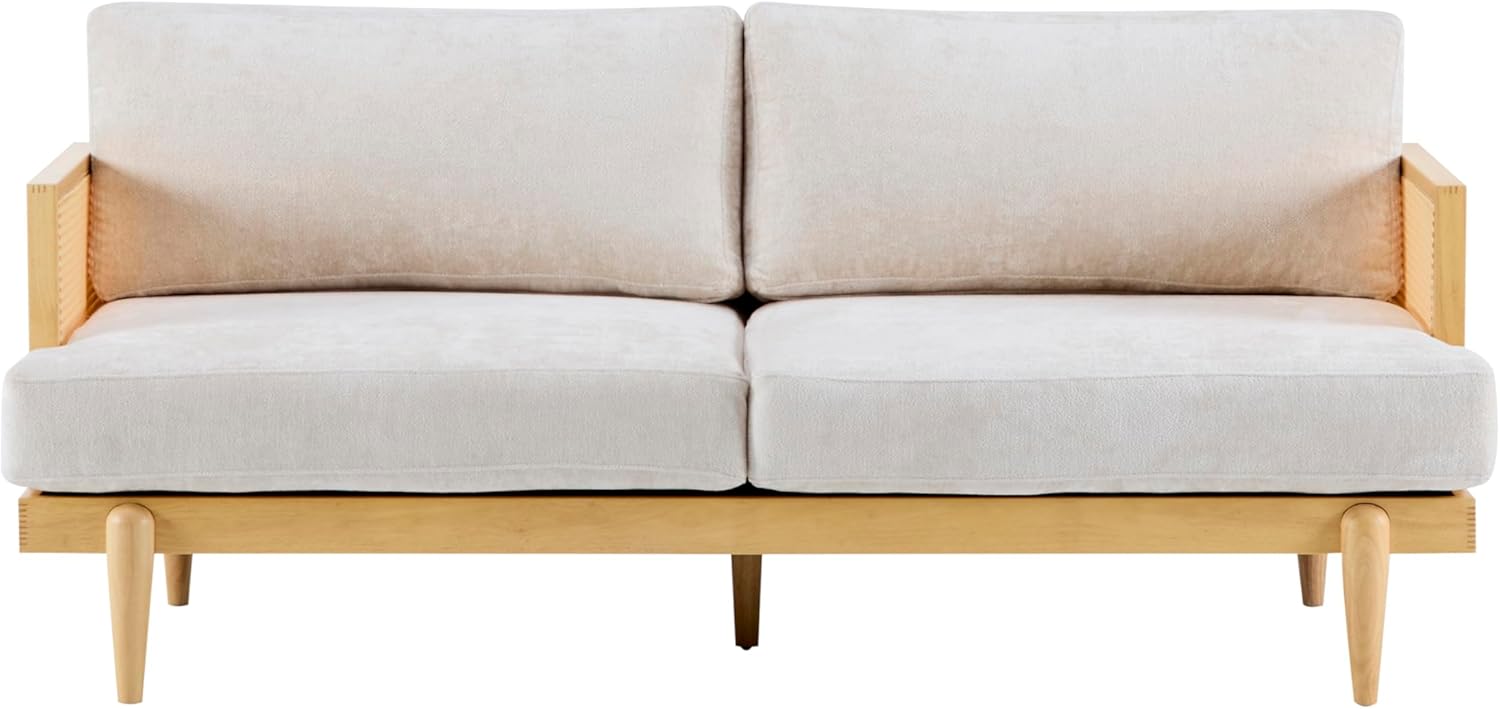 Merax 72" Spacious 2-Seater Sofa Couch with Armrests, Cane Rattan Wooden Frame Loveseat Sofa for Living Rooms, Bedrooms, Apartment, Office (Natural+Beige)
