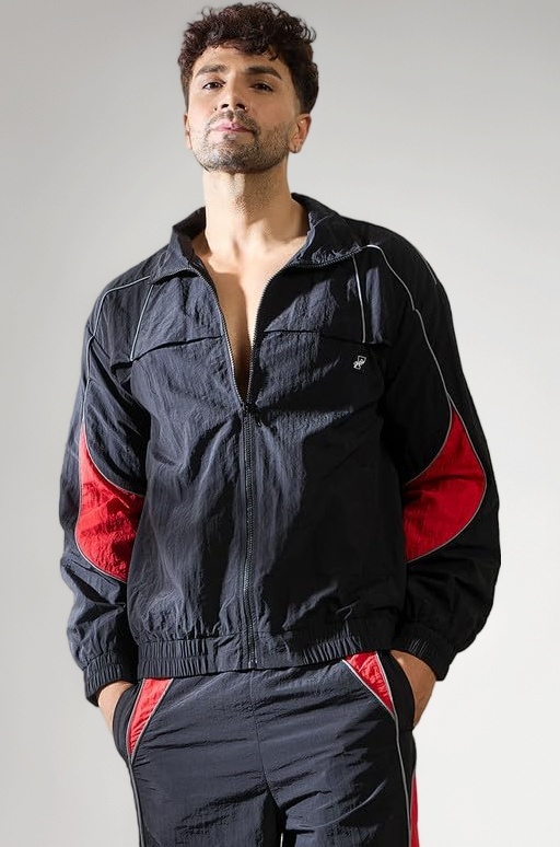 FUGAZEE Black & Red Crinkle Windbreaker Jacket for Men | Reflective Piping | Turtle Neck | Zipped Closure | Lightweight Polyester | Stylish Cut & Sew Design