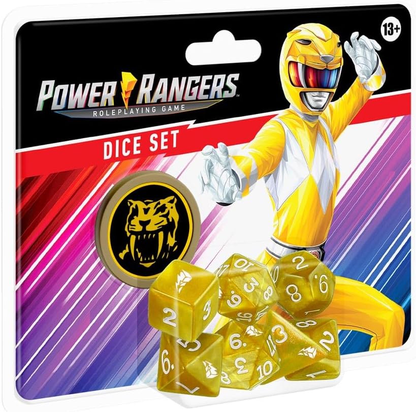 Reneagde Game Studios Power Rangers Roleplaying Game Dice- Yellow 8-Piece Dice Set, Custom Dice, Power Coin
