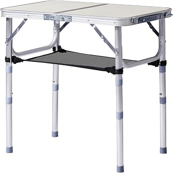 2FT Portable Folding Camping Table with 3 Adjustable Heights Lightweight Aluminum Picnic & Patio Side Table with Mesh Shelf & Carry Handle for Outdoor Indoor Use, White
