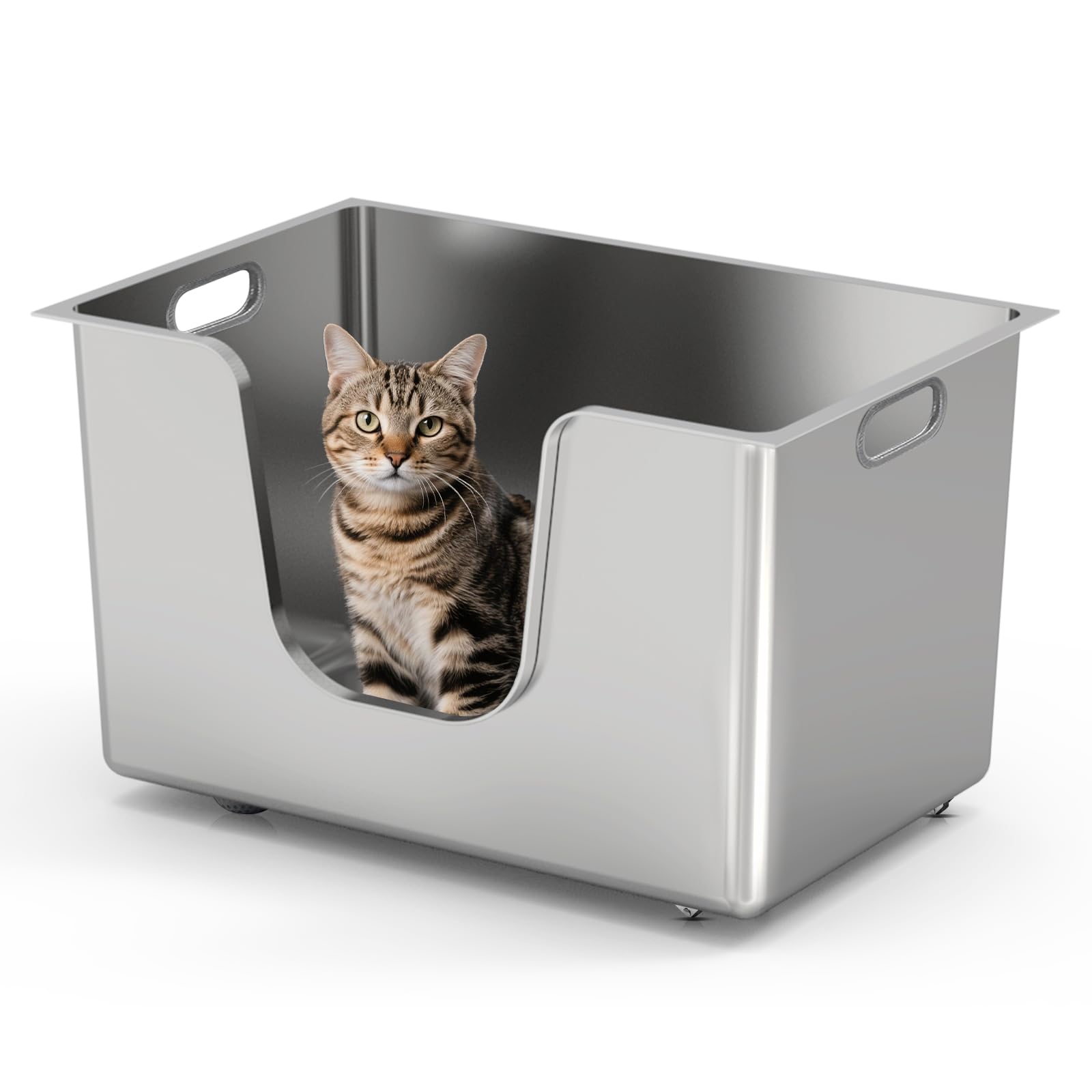 PTLOM Lebensmittelechtes Katzenklo Edelstahl XXL Katzentoilette 30cm Hohe Ränder Rostfrei,Auslaufsicher, Niedriger Einstieg für ältere Katzen + Rollen – Perfekt für Mehrkatzenhaushalte