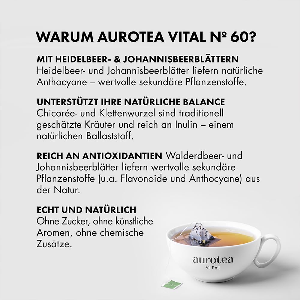 AuroTea Vital Nº 60 – Premium Kräuter-Balance-Tee | Mit Chicorée, Bohnenschoten, Klettenwurzel & Hafergras | Mit Inulin-Ballaststoffen aus Chicorée | 180 Pyramidenbeutel (6 Packungen)