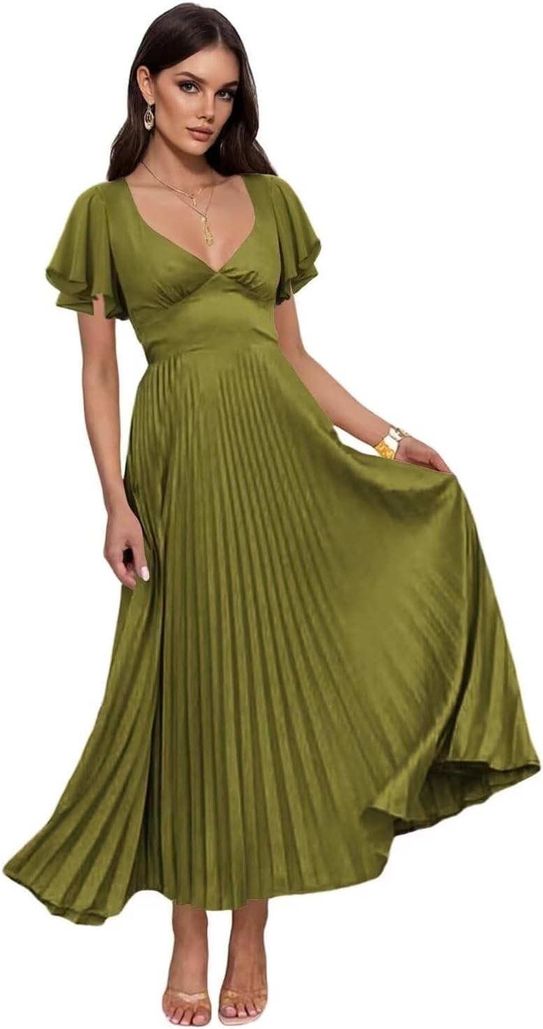 Satin Women's Bridesmaid Dresses with Sleeves V-Neck 2026 Maxi Evening Formal Gown for Prom