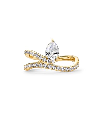 PAVOI 14K Gold Plated Premium Cubic Zirconia Square Solitaire Engagement Ring for Women - Unique Wavy Promise and Fake Wedding Ring - 7 - Double - Yellow Gold