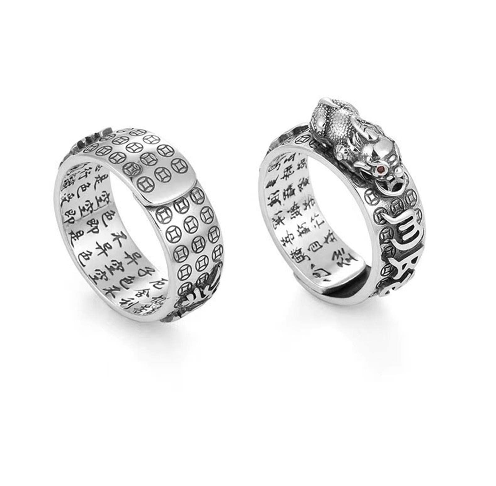 Feng Shui Pixiu Mantra Ring S925 Silver Buddhist Good Luck Amulet Mantra Double Protection Wealth Love Health Ring Gift for Men Women Adjustable,005