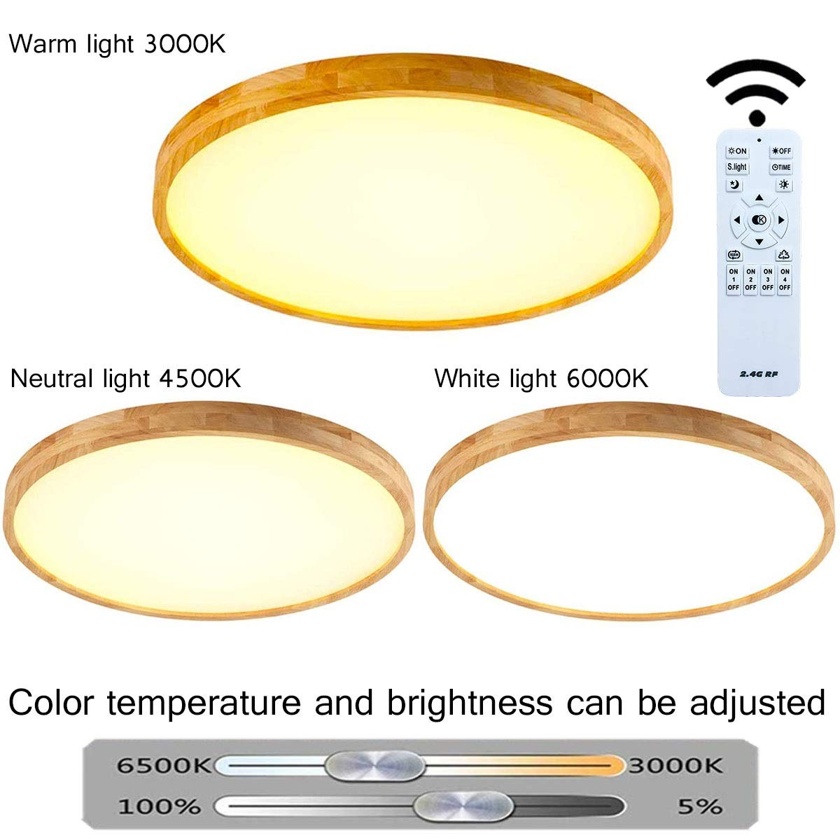 Plafón LED De Madera Redondo Plafón Empotrado Φ40CM 25W 2000LM Regulable Con mando a distancia 3000K-6000K, Plafón LED para Baño, Utilizado En Dormitorios, Cocinas, Salas De Estar, Pasillos