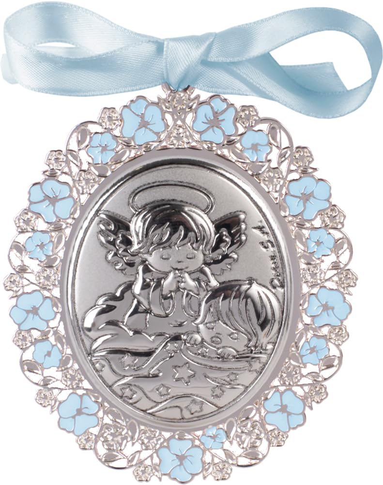 Medallón Metálico, Plateado y Esmaltado de medidas 6,5x7,5 cm, con Aplique Laminado del Ángel de la Guarda. Con Opción de Personalizado. (09604-4)