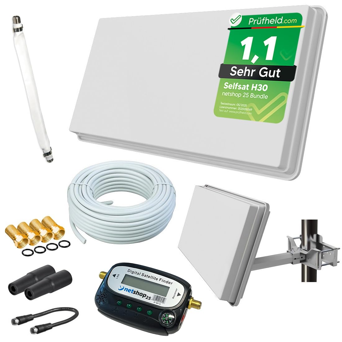Sat Flachantenne mit Single LNB Selfsat H30D1+ HD Sat-Anlage für 1 TV kompakte Antenne inkl. Fensterhalterung 10 m Koaxialkabel SAT-Finder Zubehör-Set